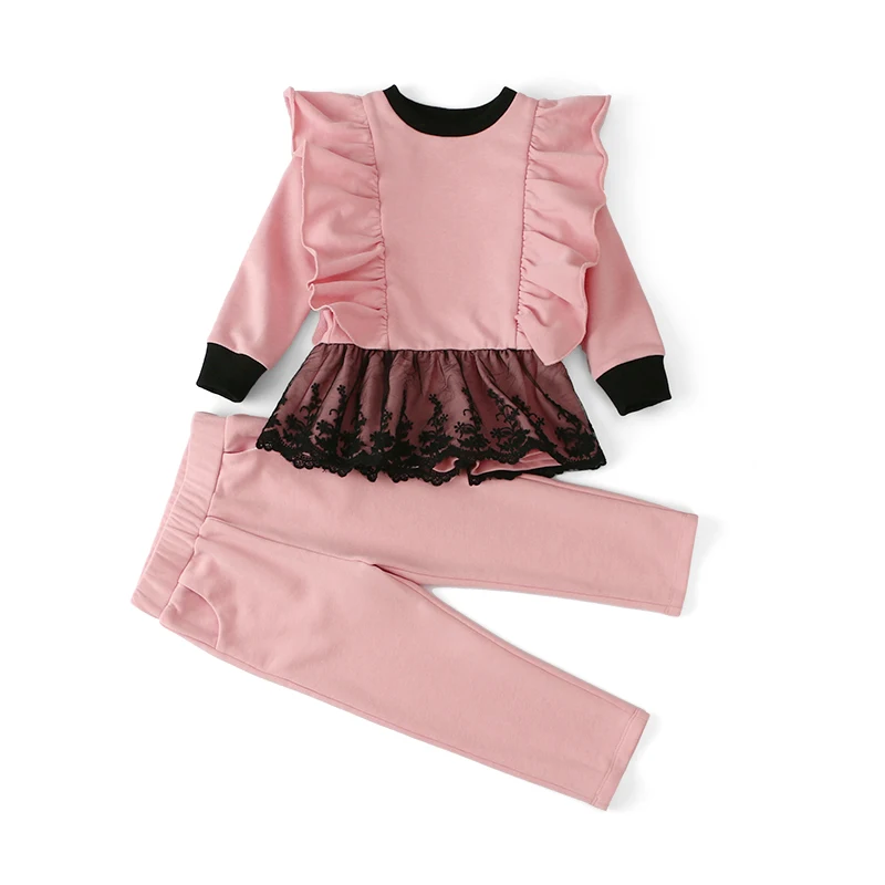 

Spring Autumn Kids Soft Fabric Suit Long Sleeve Baby Girl Clothing Set Lace Design Crew Neck Baby Girl Boutique Outfits, Picture