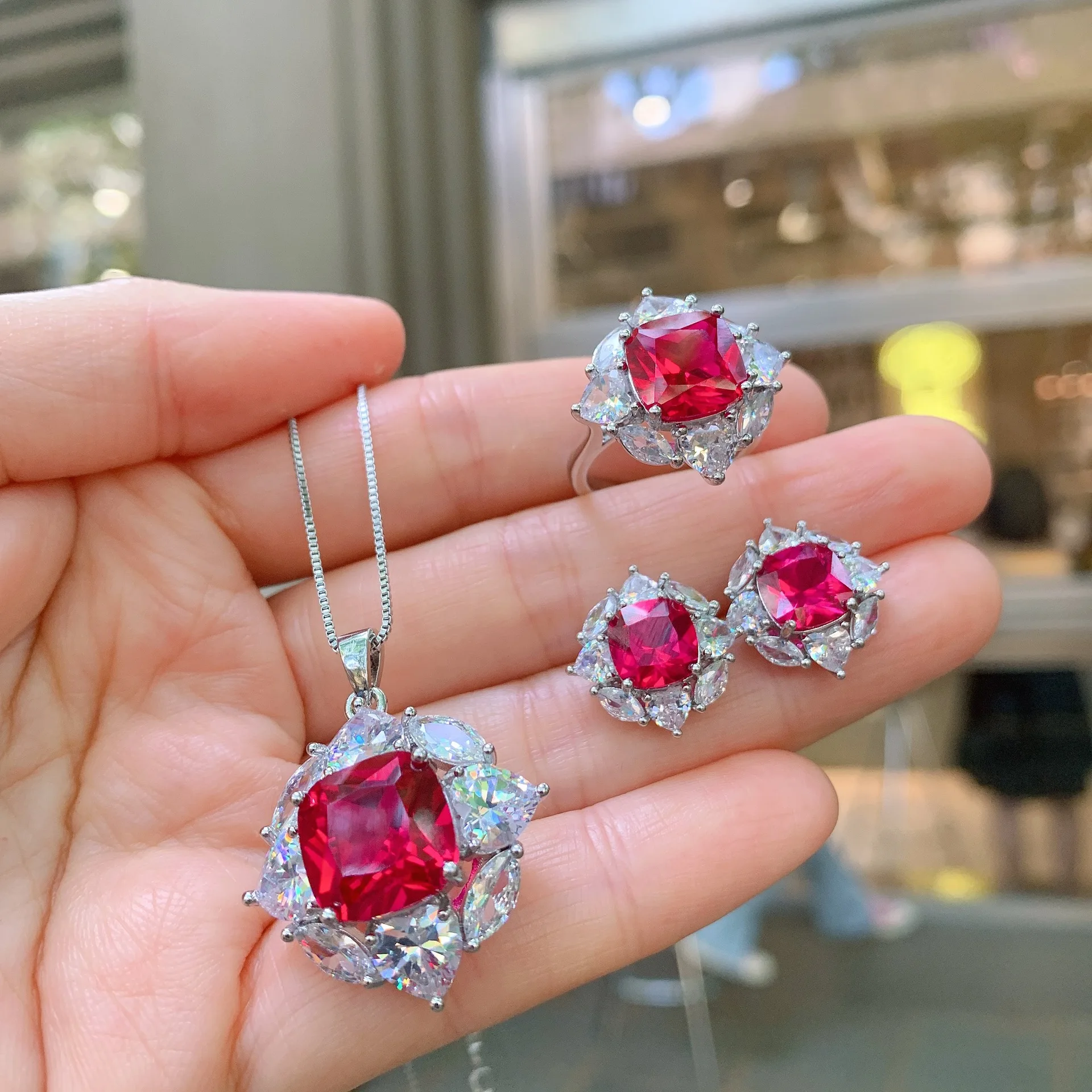 

INS Red Ruby Stone Necklace Earrings Ring Set Wedding Iced Out Zirconia CZ Jewelry Set Party