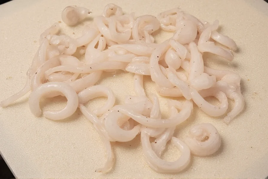 Fresh cleaned squid rings seasoned with coarse sea salt and black pepper on cutting board