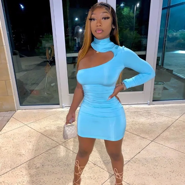 

Womens Clothing 2021 Chic One Shoulder Long Sleeve Mini bodycon Sky Blue Dress Club Party Ladies Clothes Dresses