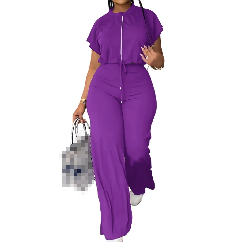 S-XL Summer Fashion Short Sleeve Set Drawstring Short Top High Waist Split Women's Pants Two Piece Set