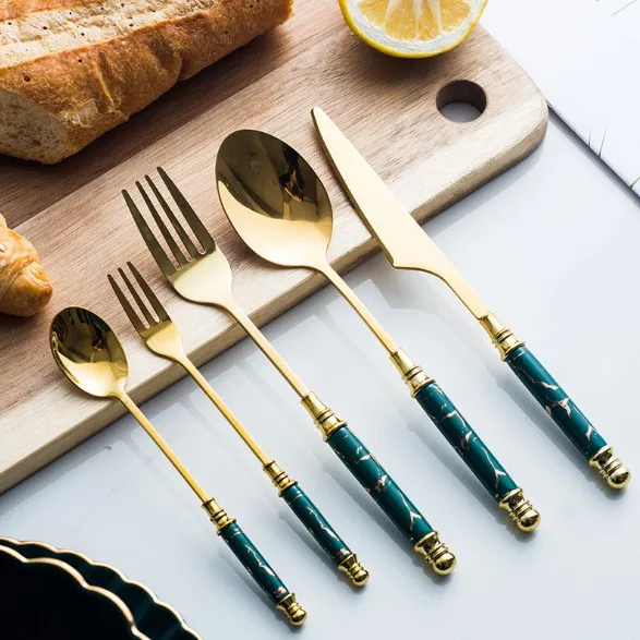 

Nordic Tableware Utensil Ceramic Marbled Handle Flatware Stainless Cutlery Set Fork Knife and Spoon Set, Gold+green/black/white handle