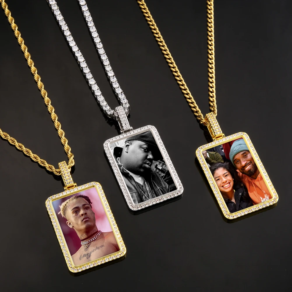 

KRKC Custom Made Cubic Zirconia Sublimation Metal Necklace Gold Plated Family Pendent Picture Photo Charm Necklace for Photo