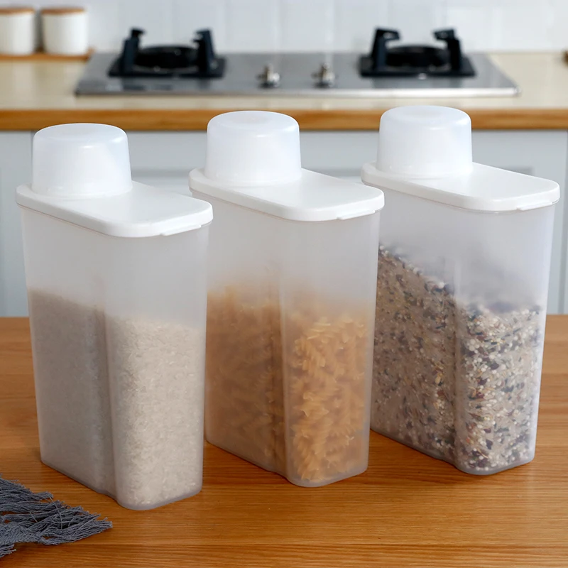 

Good Quality Plastic Grain Jar Frosted Food Storage Plastic Cereal Rice Dispenser Containers 1.55L With Measuring Cup