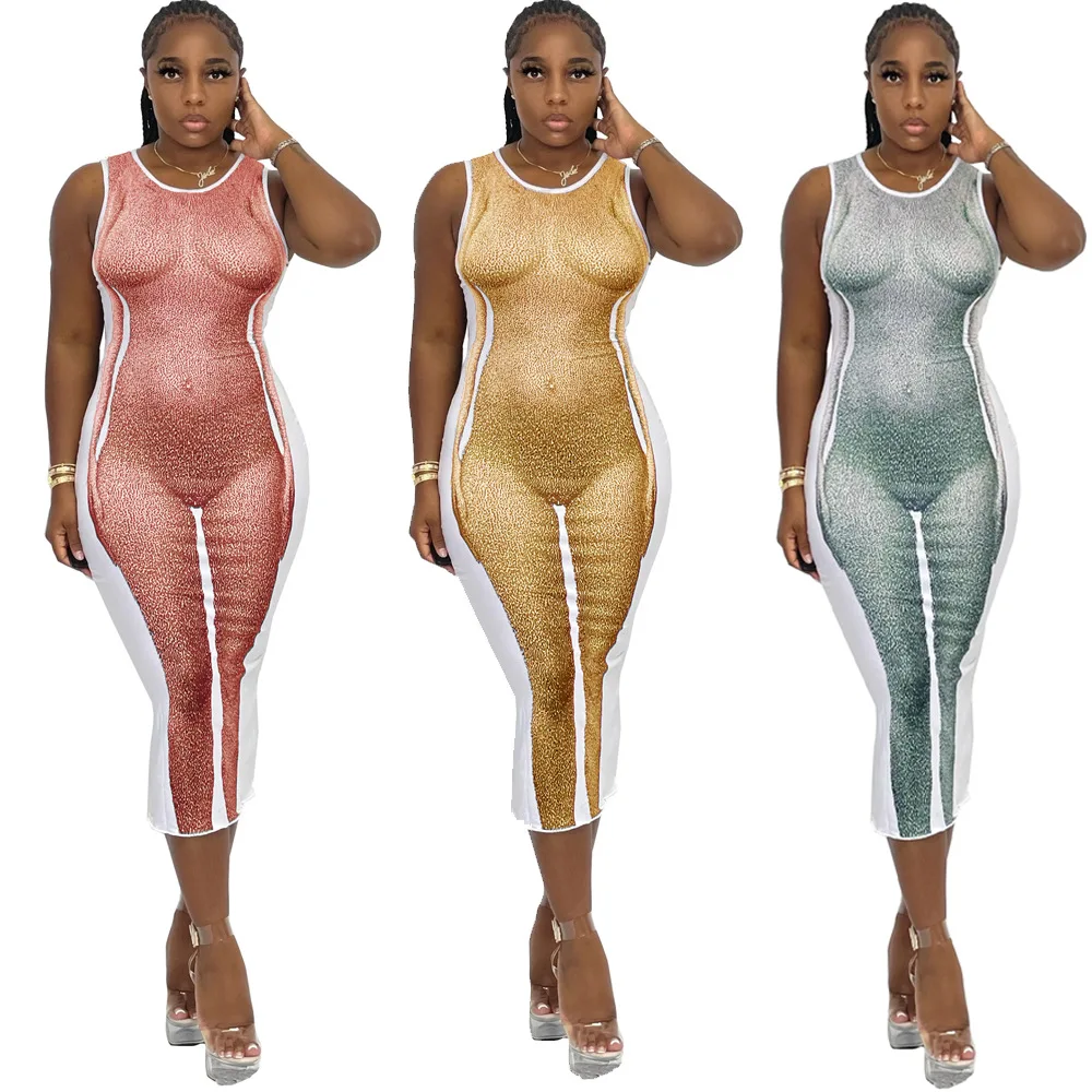 

Custom logo Women's summer fashion print sleeveless personality slim dress, Picture color