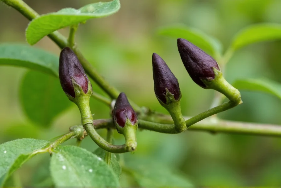 Close-up of devil's tongue pepper showing purple-black immature pods on plant