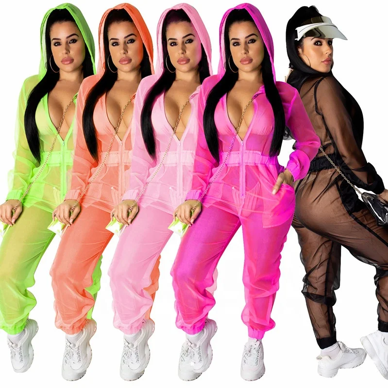 

B23689A Fashionable sexy casual hood loose organza jumpsuit