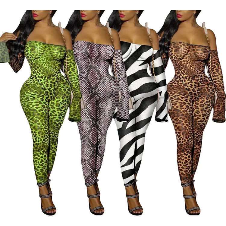 

Long sleeve print womens one piece bodycon off shoulder jumpsuit, 4 colors