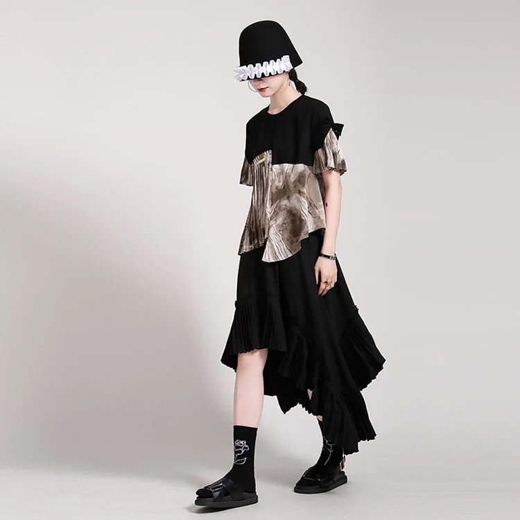 

Black Dress High Waist Asymmetric Pleated Loose Skirt Irregular For Women Summer Spring