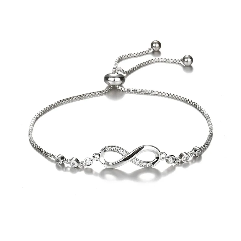 

European and American Hotsale CZ Crystal Infinity Bracelet Silver Adjustable Tennis Chain Eight Shaped Bracelets