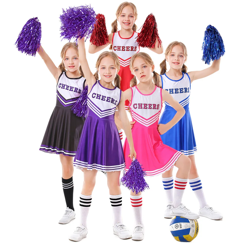 

Girls Cheerleading Uniform Sleeveless Dance Costume Kids Cheerleader Outfit Round Neckline Letter Print Dress Flower and Socks