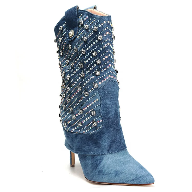 

New design high heel boots jeans fabric bling rhinestone women winter boots, Customized color