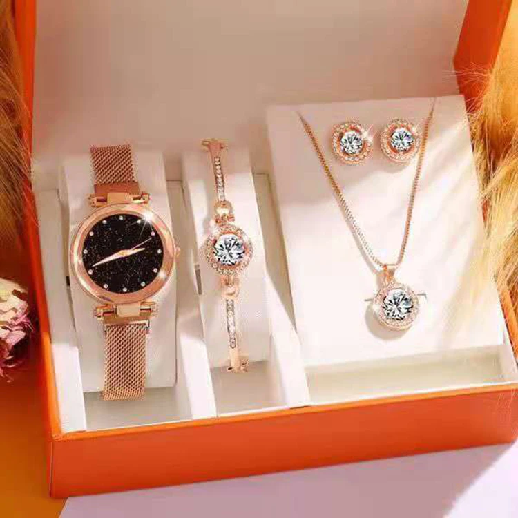 

K092 New Fashion Ladies Luxury Bracelet Stud Earring Necklace Ring Dubai Gold Watch Casual Quartz Wristwatch Set Jewelry Sets