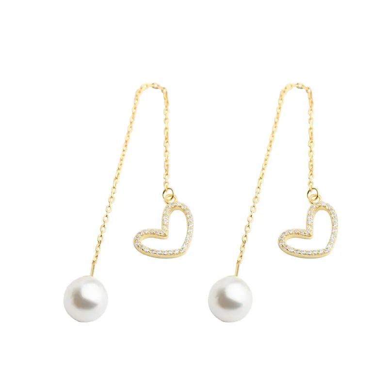

Modern Style Long Chain Pearl Heart Shaped Dangle Earrings, Silver