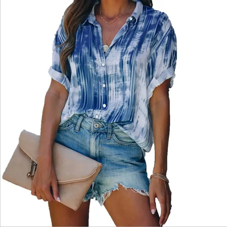 

2021 Summer Tie Dye Short Sleeve Shirt Women Chiffon Printed Buttons Blouse Ladies Fashion Loose Tops, Gray/red/blue/sky blue