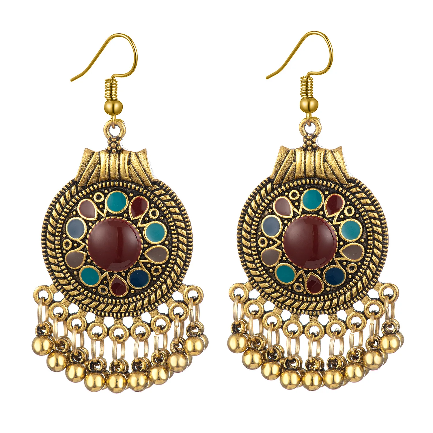 

Tourism Memorial Plated Ornament Metal Beaded Carved Stud Earrings Indian Jewelry For Women Ethnic Tassel Pendant Earrings