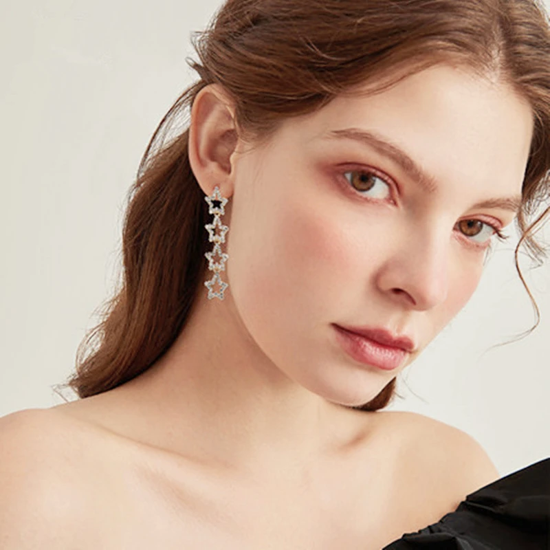 

Personality Long Four Stars Earrings Rhinestone Trendy Hollow Earrings Diamond Simple Hanging Earring Pentagram Stud Ear Rings, Silver