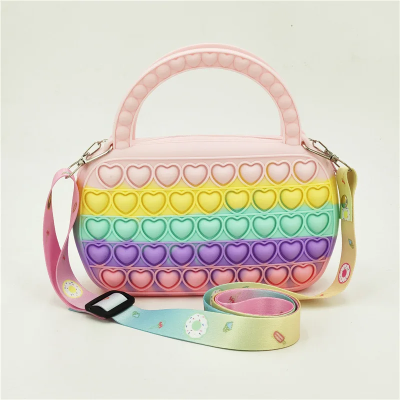 

Wholesale Candy colorful Push Bubble Crossbody bag Silicone Children purses and handbags Fidget toy Kids Soft Pop It Coin Purse, 10 colors