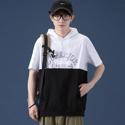 

Casual two-color stitching big pocket short-sleeved shirt hooded sports T-shirt boy, Customized color
