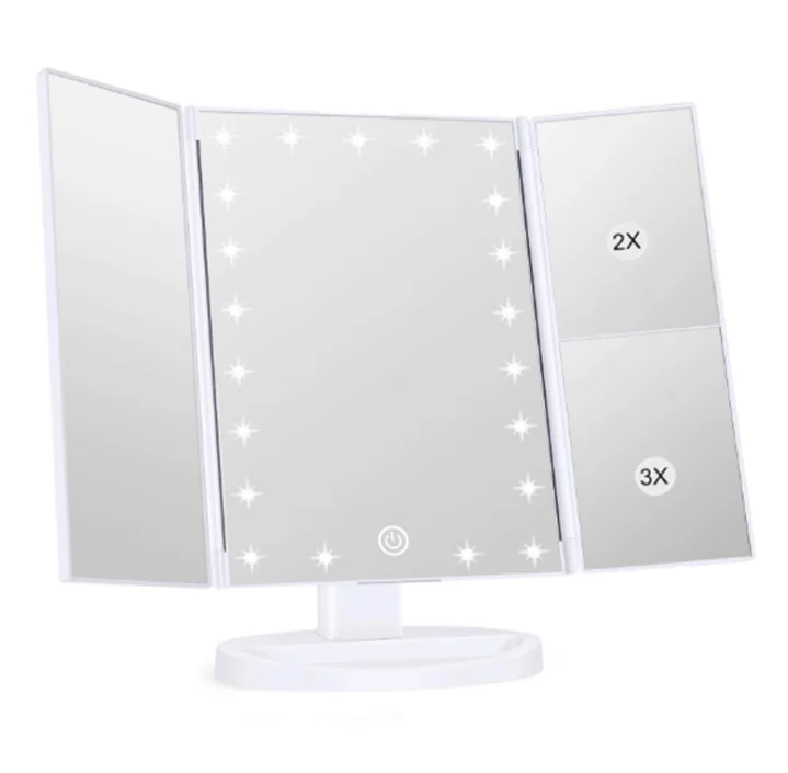 

Free sample Top Seller 2021 Led Lighted Travel Makeup Mirror Desktop Trifold Magnified Make Up Mirror With Lights