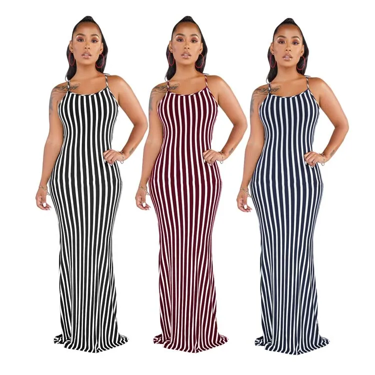 

Gulidd Fashion Wholesale Women's Casual Sexy Strap Stripe Backless Dress Bodycon Skinny Maxi Evening Dress For Women