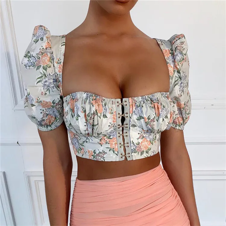 

2020 new arrivals summer square collar short bubble sleeves floral printed women fashion crop top