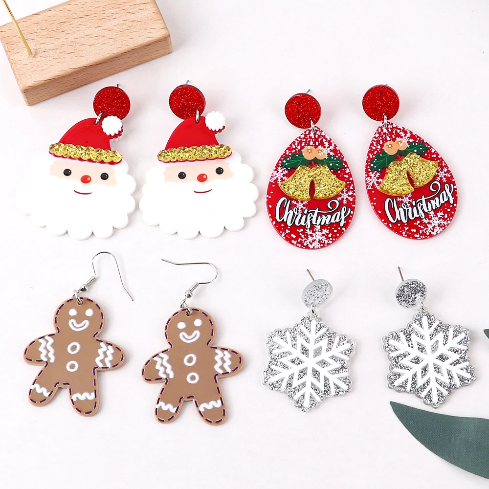 

Sequins Winter Ornament Earrings Cute Cartoon Gingerbread Man Santa Claus Bell Snowflake Custom Acrylic Trendy Women's Mixed FS