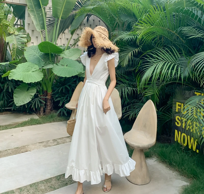 

QZ117 New Arrival White Color Deep V Neck Ruffles Short Sleeve Front Slit Long Dress Beach Dresses Clothing