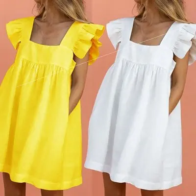 

Casual Square Collar Butterfly Sleeve Mini Sweet Dress Woman Backless High Waist Loose Linen Solid Dress 2021 Summer, As shown