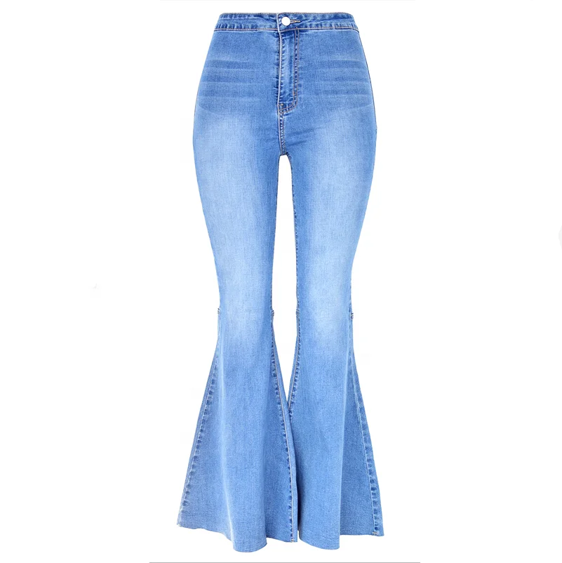 

B24491A Women Retro high waist elastic wide leg pants large horn flared denim pants, Blue