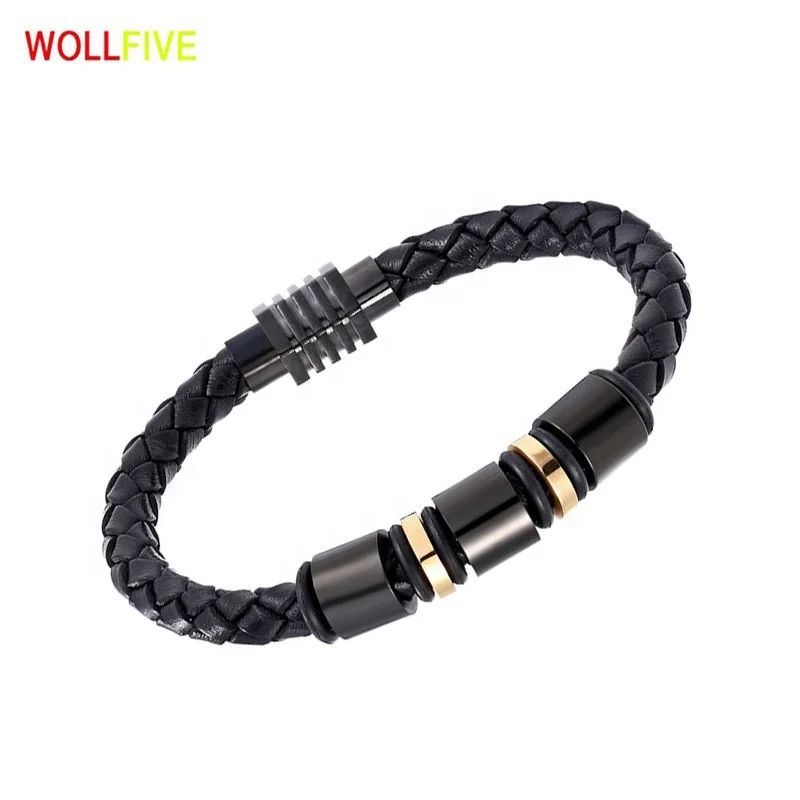 

Wholesale Jewelry Stainless Steel Leather Braided Bracelets Magnetic Buckle Mens Genuine Bracelet, Black,,silver,gold