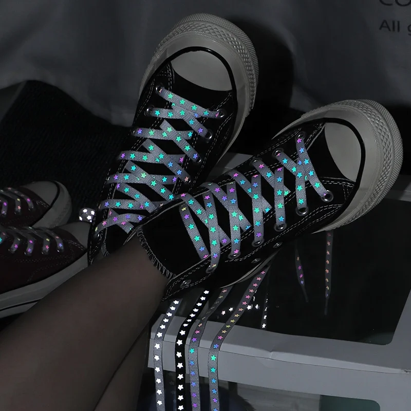 

Cheap Wholesale Bulk Aj1 Nebula Shoelace Flashing Shoelaces SU8 Holographic Star AF1 Low Luminous Reflective Laces, 4 colors and customizable