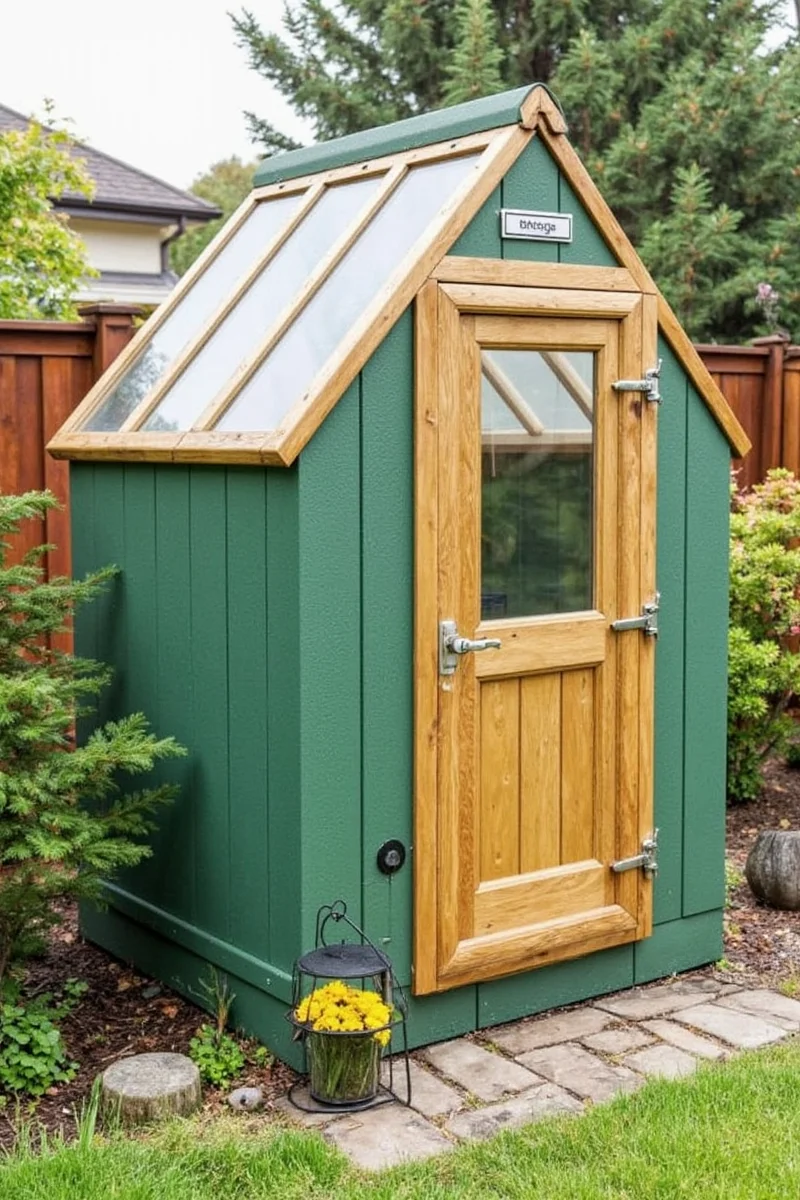 A finished pet-friendly greenhouse with happy cat sitting inside surrounded by plants