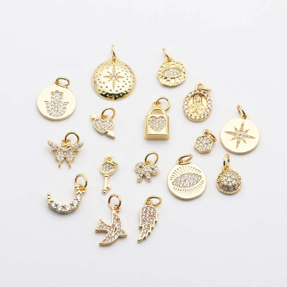 

18k gold plated micro zircon paved brass copper gold jewelry charms 18k