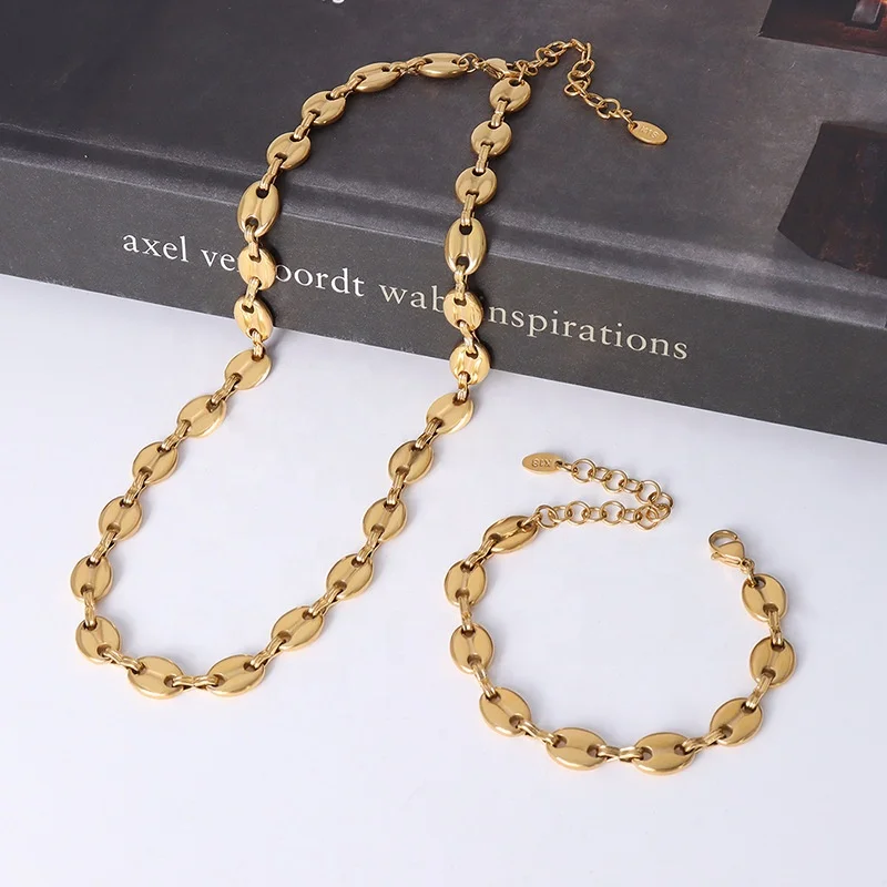 

8MM Wide Pig Nose Chain Necklace High Polished 18K Gold Plated Coffee Bean Necklace Minimalist Stainless Steel Jewelry Set