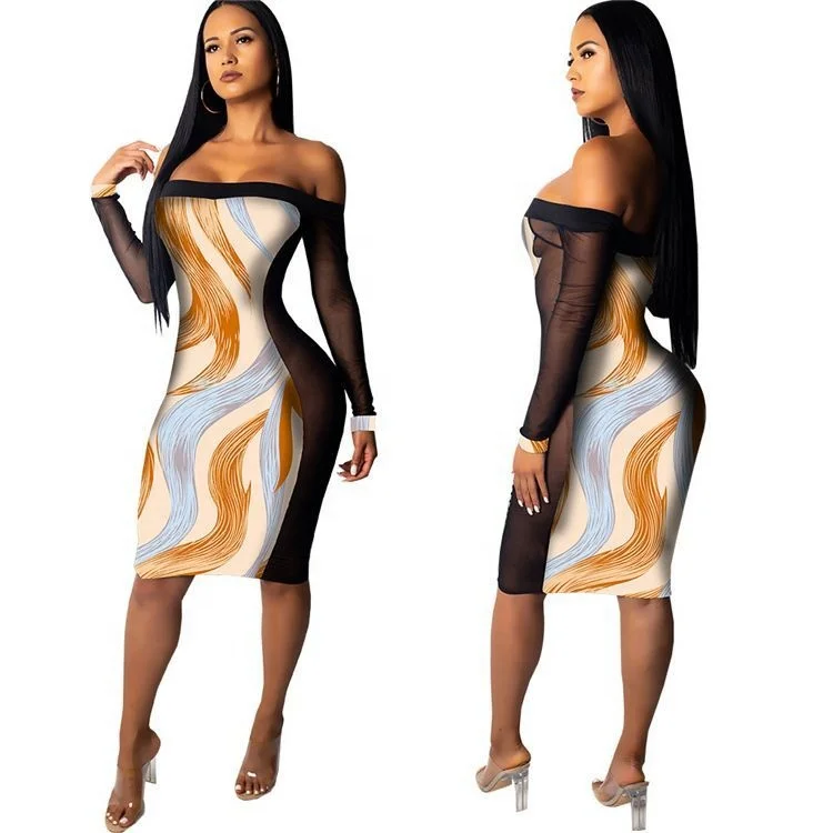 

Hot Sale Mesh Sleeve Off Shoulder Printed Sexy Womens Club Bodycon Midi Dress