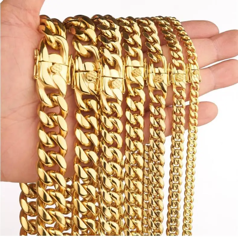 

6mm 8mm 18mm 12mm 16mm Titanium steel Jewelry 24k Gold Filled Plated High Polished Cuban Link Necklace For Men Punk Curb Chain