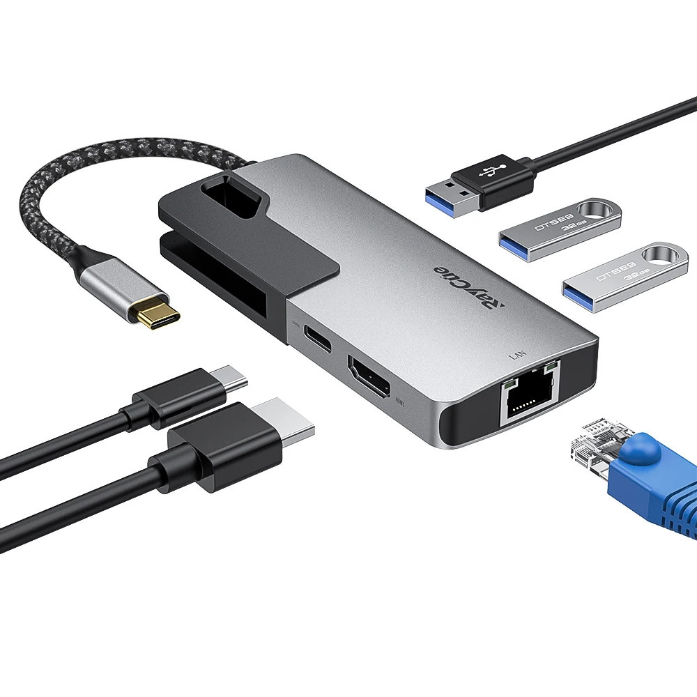 
Raycue OEM/ODM 6 in 1 USB Type C Hub with PD Charging 4K HD Ml RJ45 Adapter 