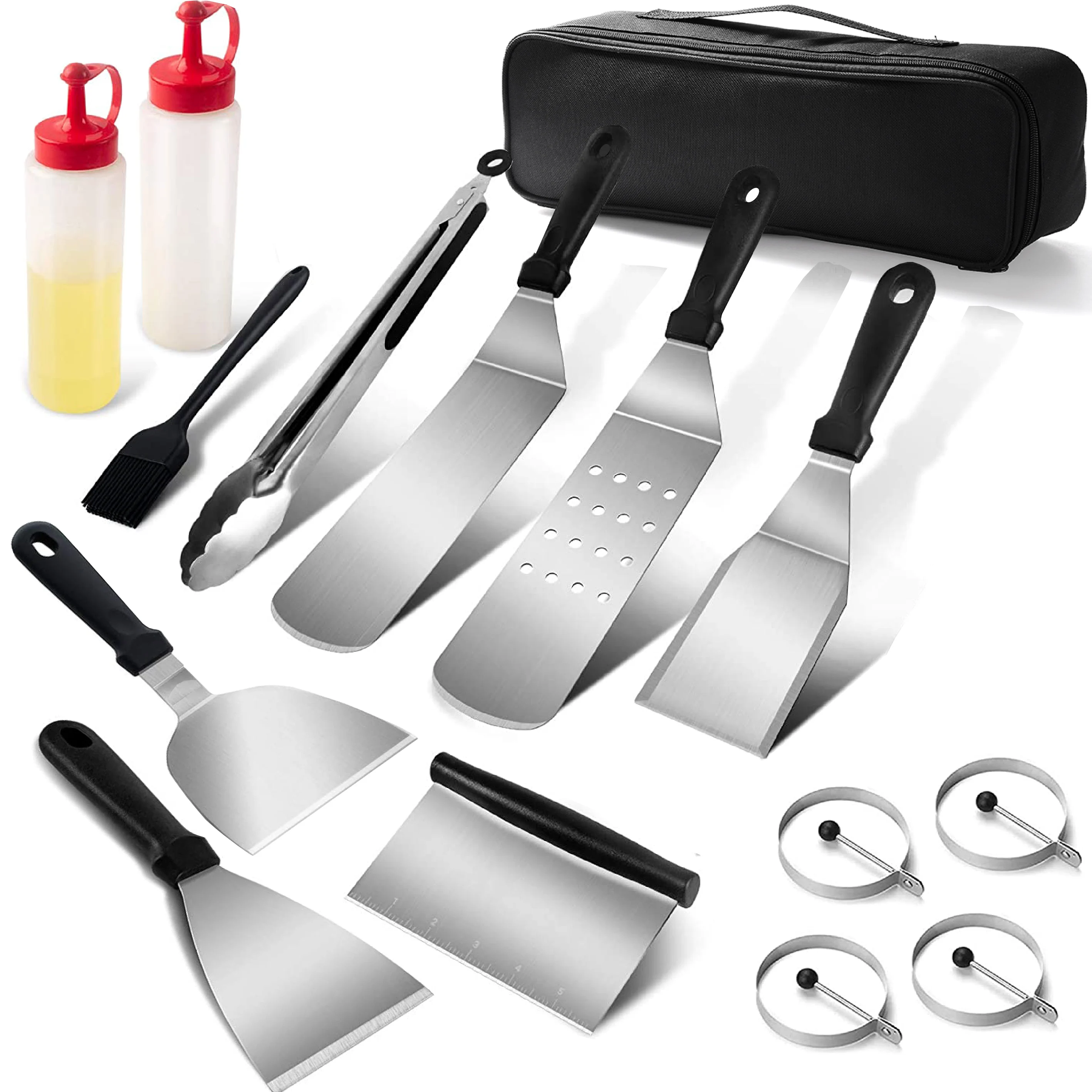 

Amazon Hot Selling Stainless Steel Spatula Restaurant Turner and Bottles BBQ Griddle Accessories Tools Kit, Black