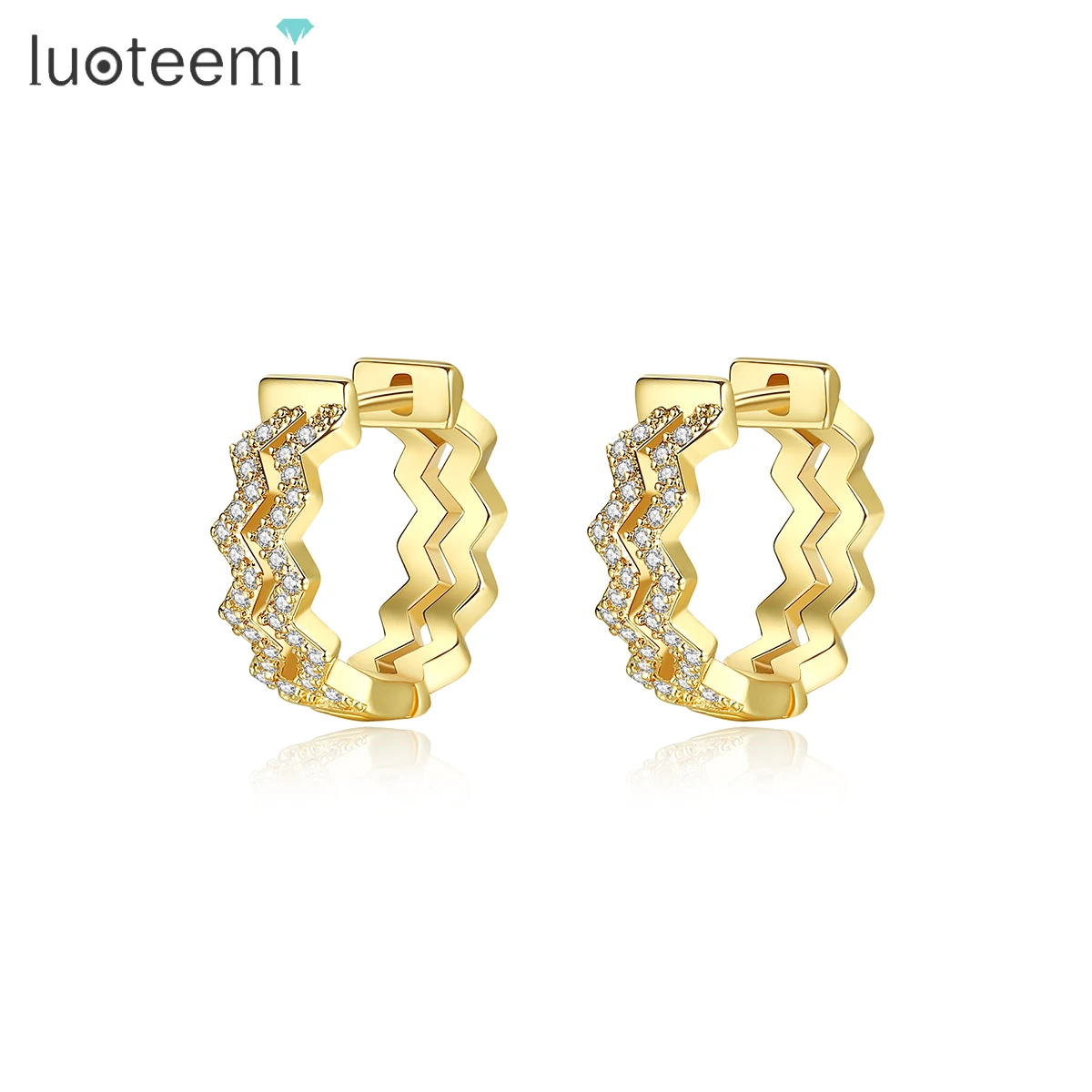 

LUOTEEMI Fashion Jewelry Gift Gold Plated Wavy Cubic Zirconia Crystals Huggie Earrings for Women