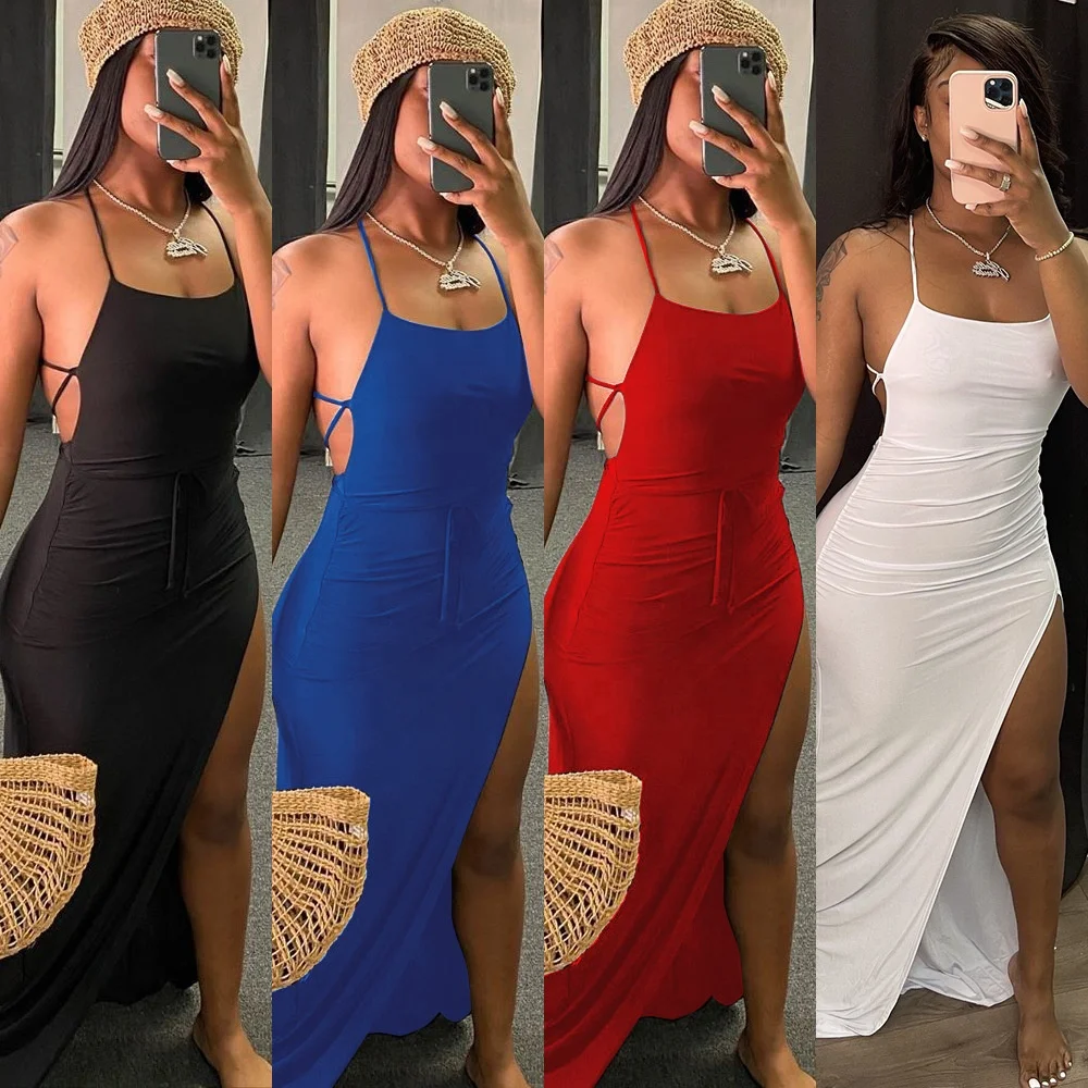 

Dresses Women Black Casual Backless Bandage Asymmetrical Split Summer