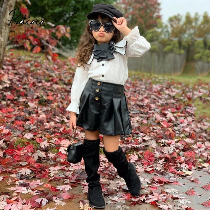 

2pcs Toddler Kids Girl Clothes Set Autumn Long Flare Sleeve Tassel Blouse Tops Pu Leather Shorts Outfit, As picture