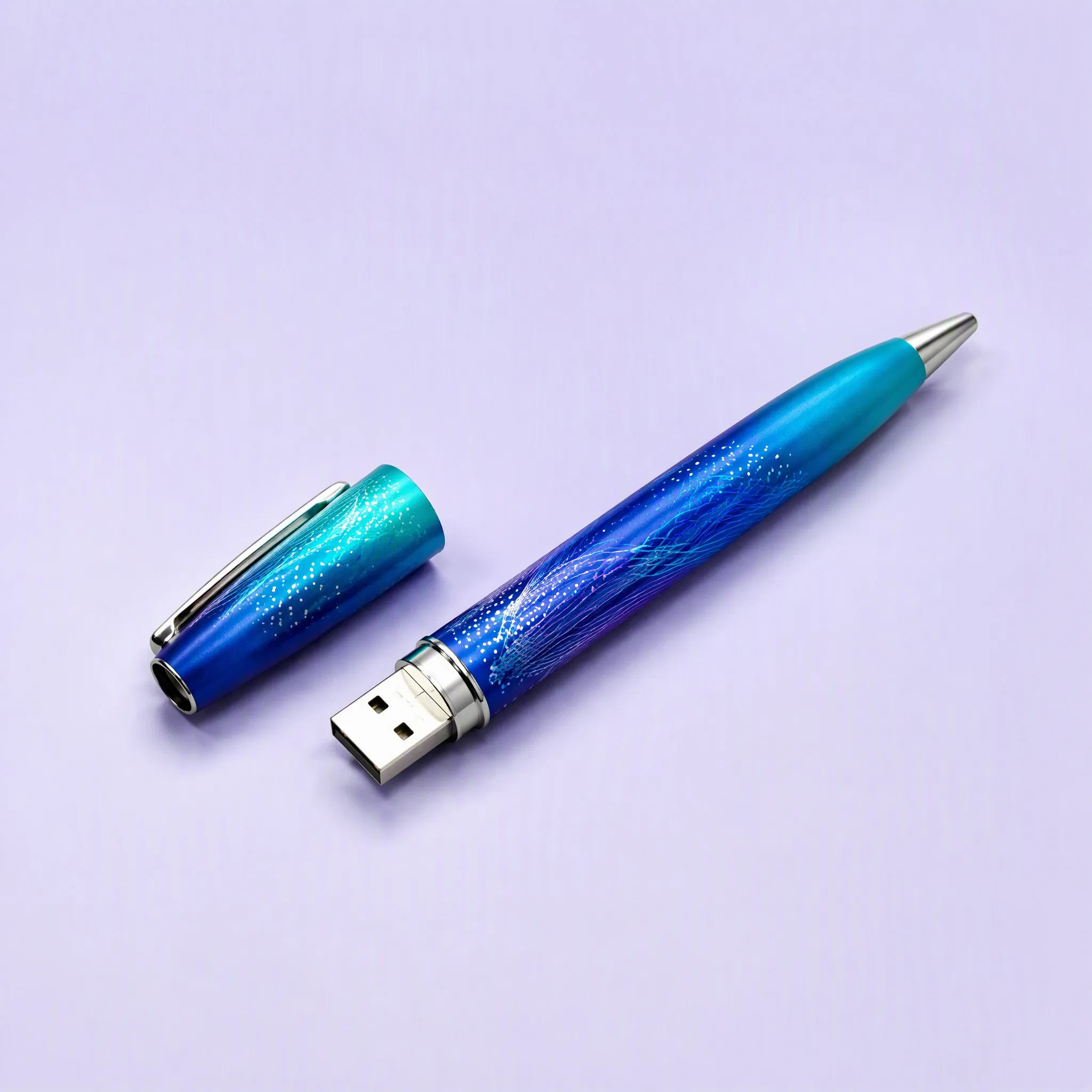 Ocean Blue Gradient 2-in-1 Ballpoint Pen USB Flash Drive with Detached Cap on Lavender Background