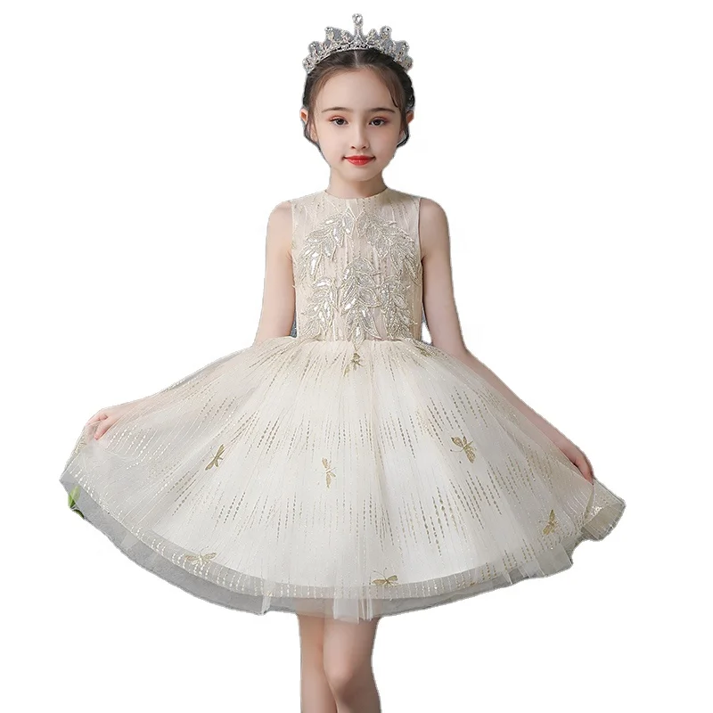 

Girl Dresses 2020 Summer Children Puffy Flower Elegant Gold Girls Lace Fitted Wedding Evening Skirt