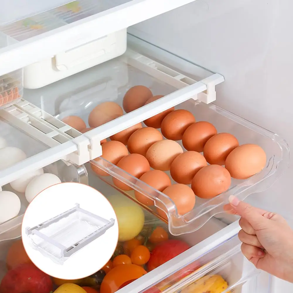 

Adjustable Kitchen Egg Organizer Storage Ra Box Fridge Freezer Shelf Holder Pull-out Drawer Space Saver, White