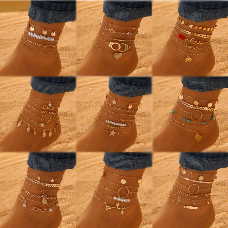 

Bohemian Multi layered ankle chains pearl Summer Anklets For Women rose Ankle Bracelets Girls Barefoot Jewelry Gift