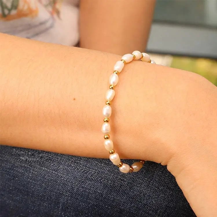 Chris April 316L stainless steel natural freshwater pearls gold beads chain bracelet