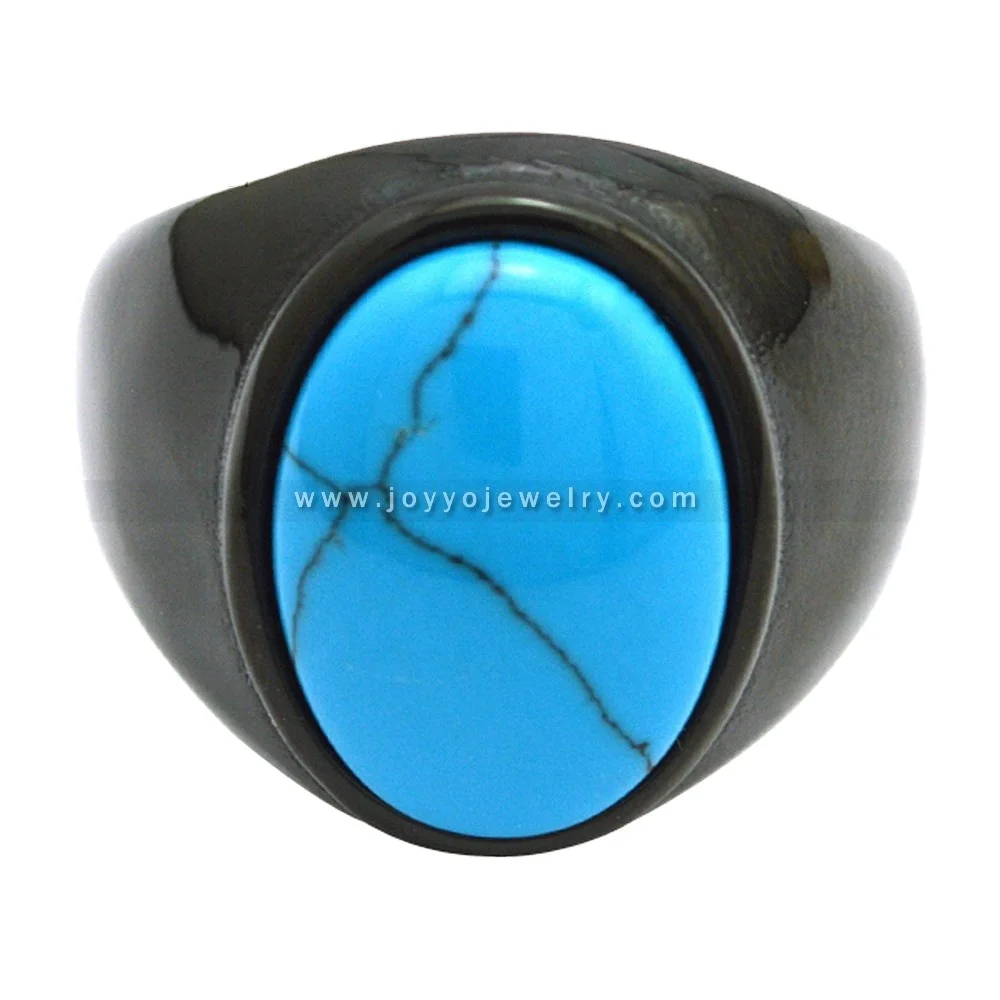 

Simple design custom made men's stainless steel Turquoise rings fashion black plated men rings hot sale