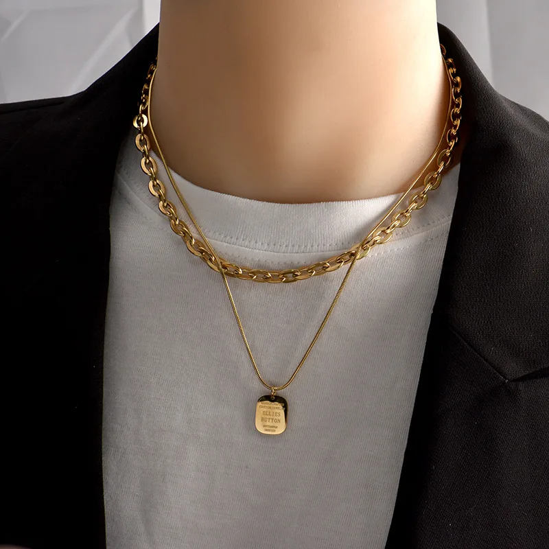 

Unisex Trendy Golden Cuban Chain Multi-Layered Titanium Steel Square Letter Pendant Necklace Set, Gold