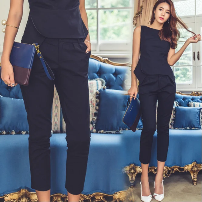 

2 Pieces Fashion OL Women Suit Sleeveless Tops And Calf-Length Pencil Pant Suit Office Solid Outfits Summer Work